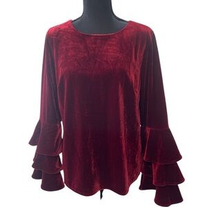Sugar Lips Ruffled Red Velour Bell Sleeve Blouse